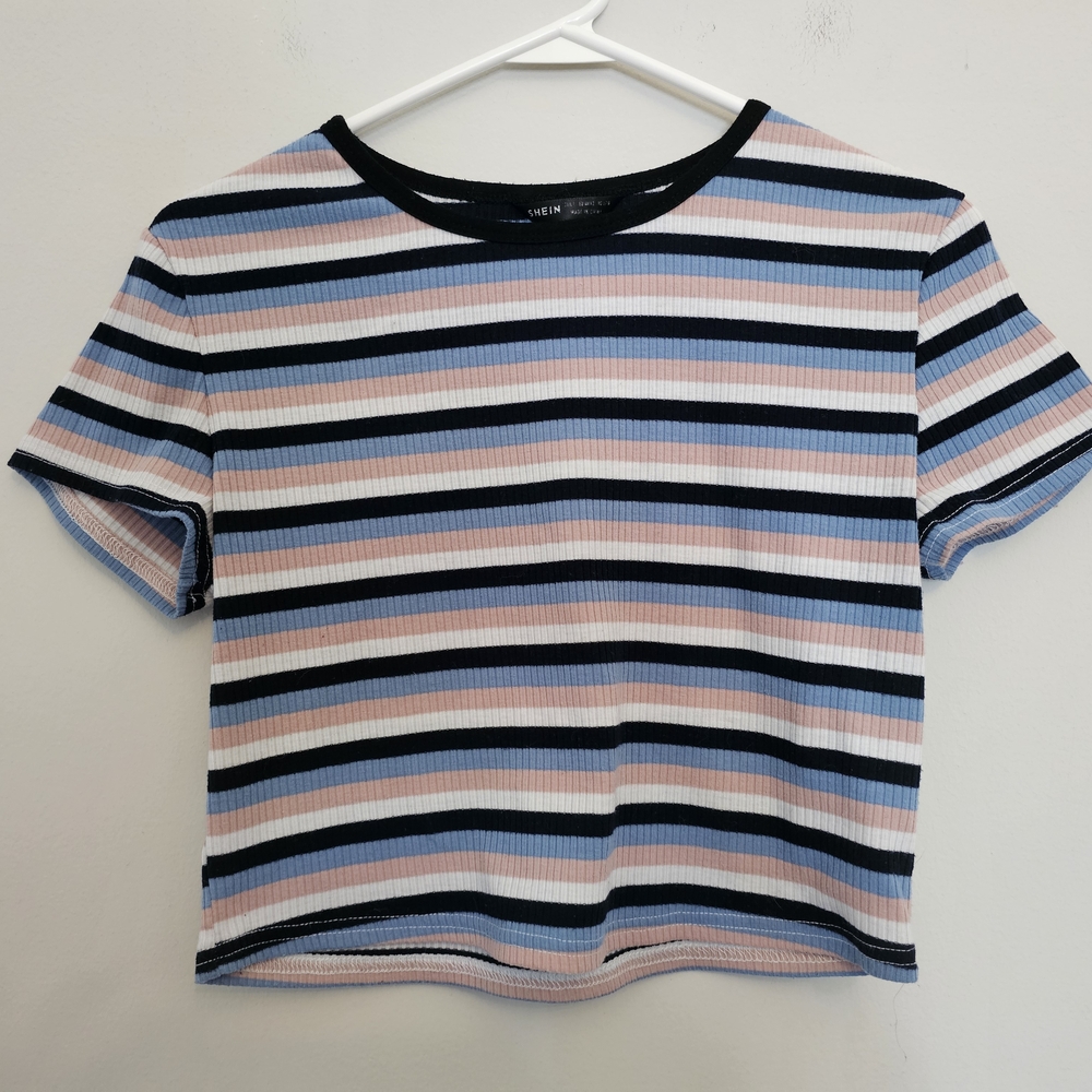 SHEIN Women's Multicolor Striped Short Sleeve Ribbed Tee Sz S/M